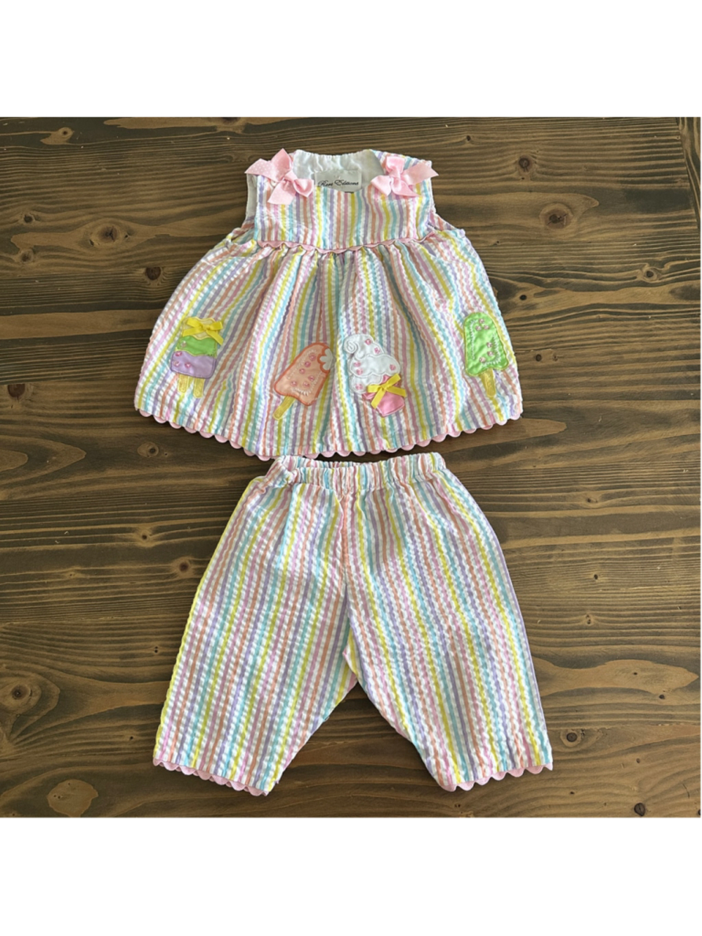 Rare Editions Ice Cream Outfit Baby Girl 6-9M Seersucker Summer Set